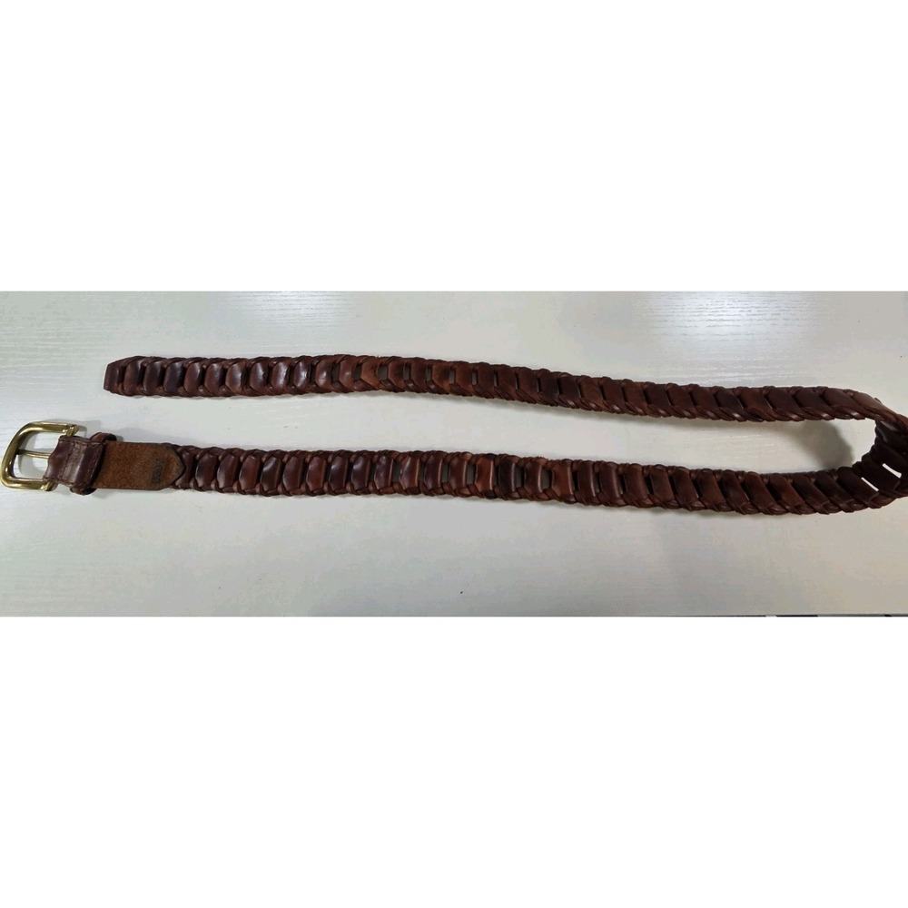 Vintage 90s Brown Leather Woven Link Belt Brass Buckle Size 40 L/XL 1.5"